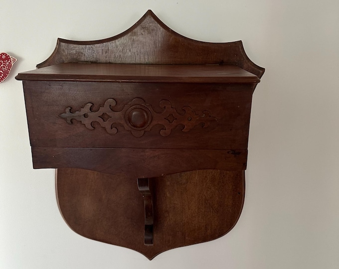 Antique Wooden Wall-Mounted Smokers’ Cabinet – Carved Victorian Pipe & Tobacco Storage or stationery storage