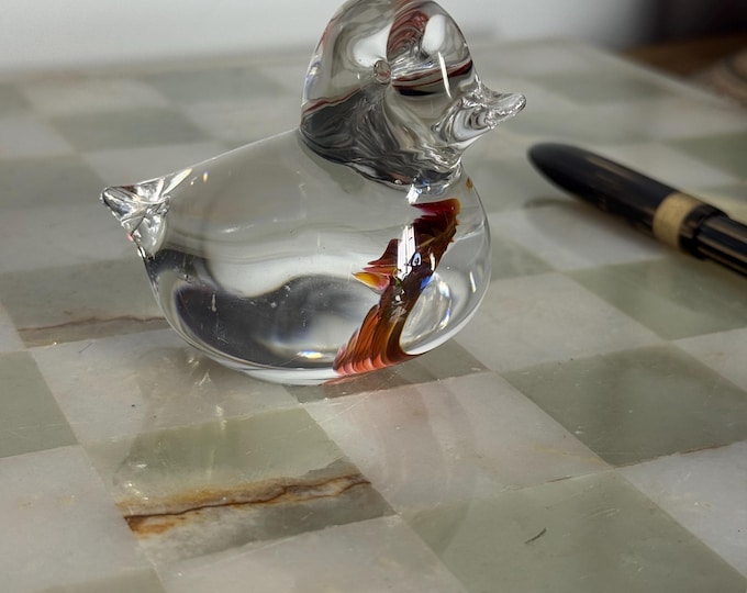 Vintage Art Glass Duck: Red Swirl Paperweight, Glass House Lancham