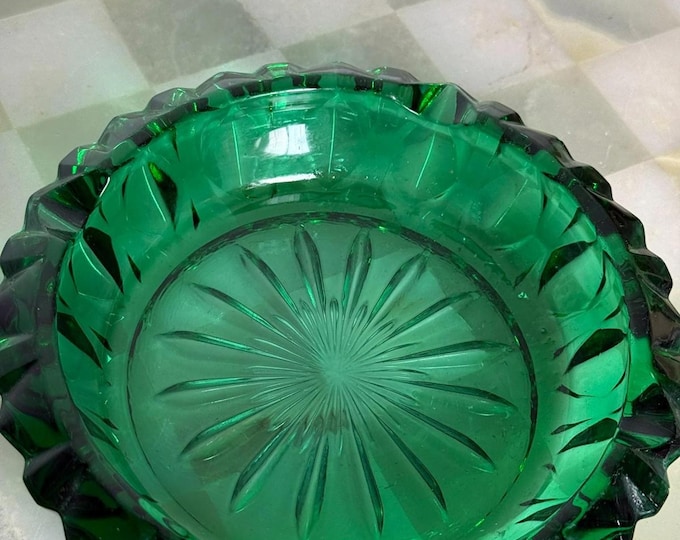Emerald Green Pressed Glass Ashtray  Vintage Mid-Century Barware
