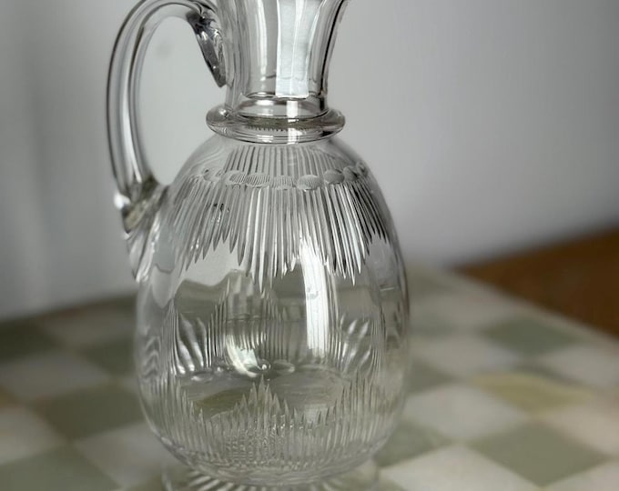 Vintage Cut Glass Pitcher with Starburst Base  Mid-Century Crystal Water Jug