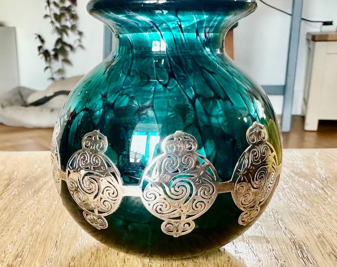 Hand-Blown Green Art Glass Vase with Real Silver Celtic Inlay | Irish-Inspired Decor | Unique Artisan Gift