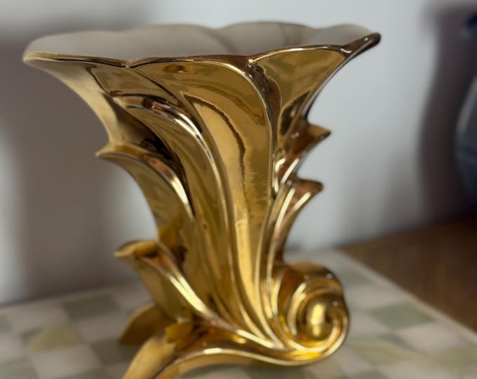 Vintage Crown Devon Gold Lustre Vase – Art Deco Revival Ceramic Scroll Base, Made in England