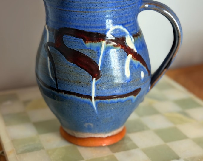 Vintage Crafts Guild Studio Pottery Pitcher | Blue Drip Glaze | Signed Art Pottery | Mid Century Handmade Ceramic Jug | Collectible Pottery
