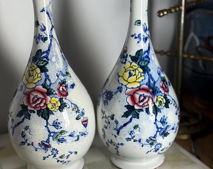 Pair of Antique Deans Burslem Floral Mantel Vases Pottery Victorian Baluster