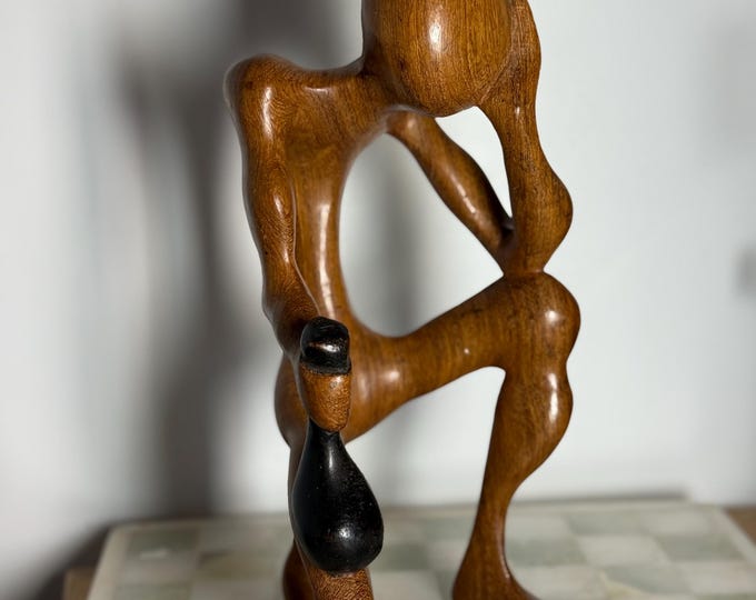 Mid-Century Modern Wooden Thinker Sculpture – Hand-Carved Abstract Drunken Figure – 12”