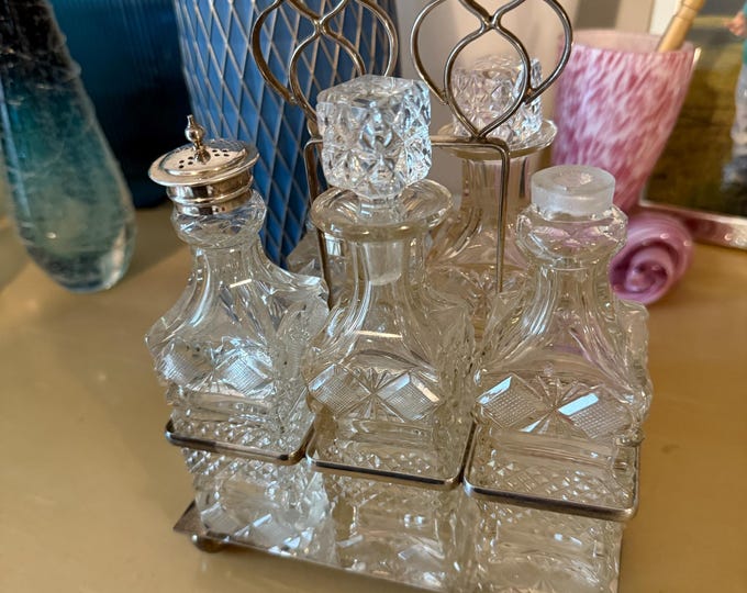 Antique Cut Glass Cruet Set with Silver-Plated Stand – Six Bottle Condiment Set – Victorian/Edwardian