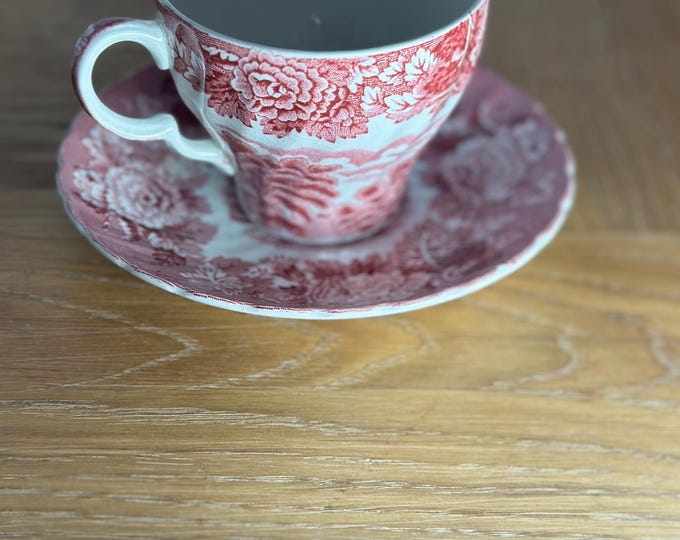Vintage Woods Ware Red Transferware Teacup & Saucer: English Scenery Pattern