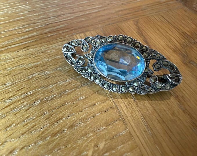 Art Deco Sterling Silver Brooch with Blue Paste  Marcasite  Vintage 1920s-40s