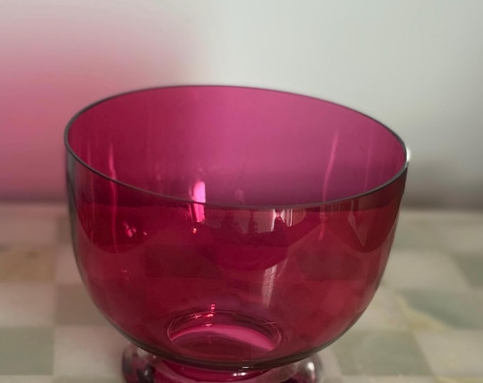 Vintage Cranberry Art Glass Bowl – Hand-Blown Ruby Pink Studio Glass with Clear Footed Base