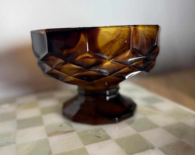 Davidson Amber Cloud Glass Comport – Art Deco Pedestal Bowl – Tortoiseshell Swirl Pressed Glass c.1930s