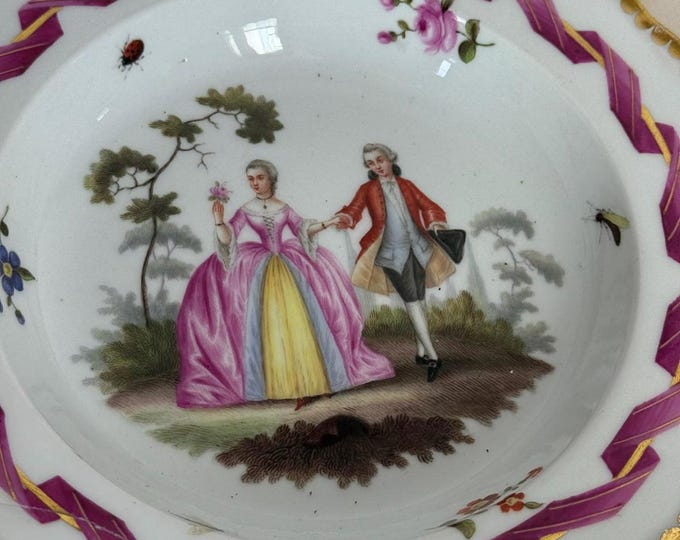 Antique Meissen Porcelain Bowl Hand-Painted Courting Couple Crossed Swords