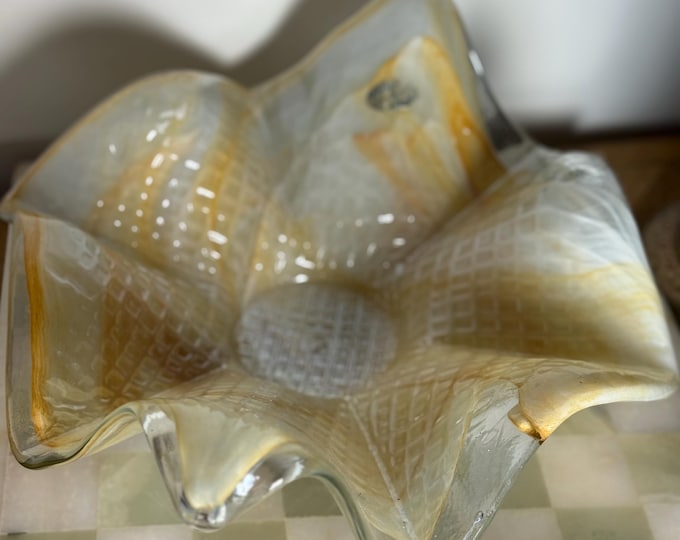 Italian Art Glass Wavy Bowl – Amber & Cream Swirl – Mid-Century Murano Style
