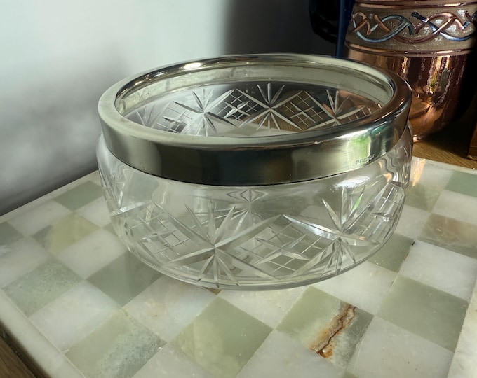 Vintage Cut Glass Bowl with EPNS Silver Rim & Servers: Mid-Century Serving Set