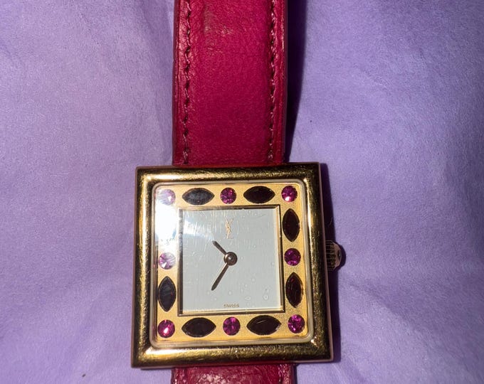Vintage YSL Gold-Tone Watch: Pink Gemstone Bezel, Swiss Made