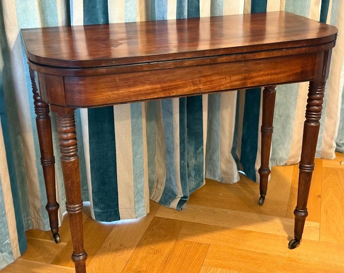 Antique Victorian Mahogany Card Table – Flap Over Console with Green Baize Top