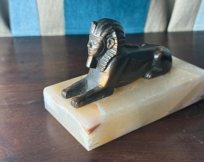 Bronze Sphinx Desk Ornament on Marble Base  Vintage Egyptian Revival Decor