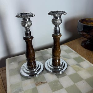Vintage Chrome and  Treen Candle Holders – Mid-Century British Style  Turned Wood & Silver Metal Pair
