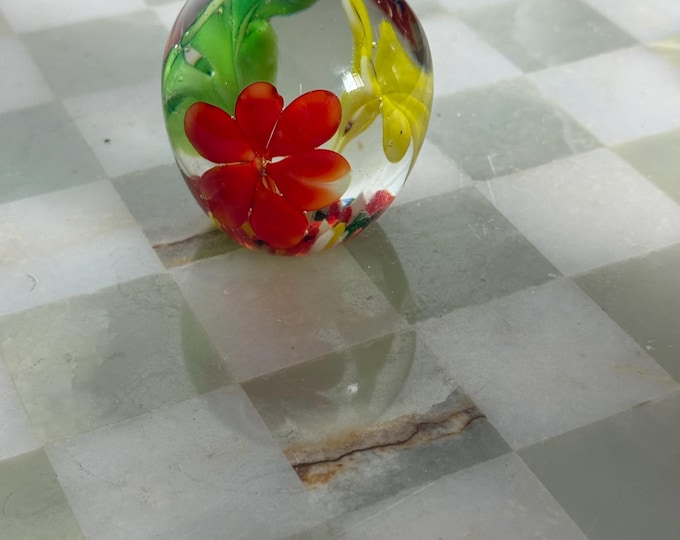 Vintage Floral Art Glass Paperweight – Murano Style Lampwork Flowers in Clear Glass Dome