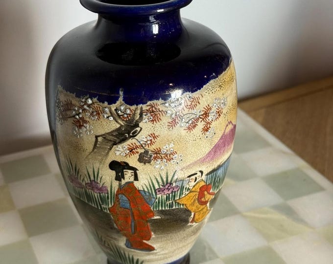 Antique Japanese Satsuma Vase Hand Painted Cobalt Blue Meiji Period Vase Gilded
