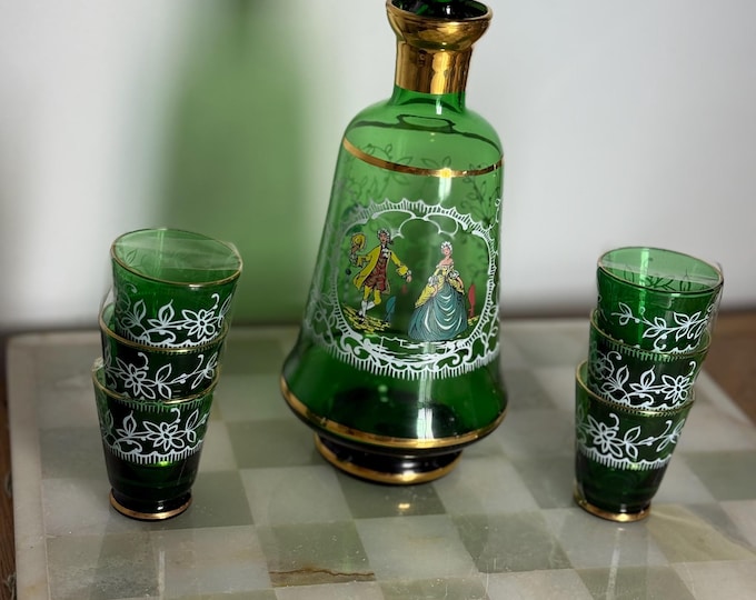 Vintage Bohemian Green Glass Decanter Set with 6 Glasses – Hand Painted & Gilded