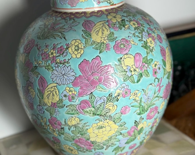 Vintage Famille Rose Ginger Jar with Lid  Restored Turquoise Floral 1950s70s