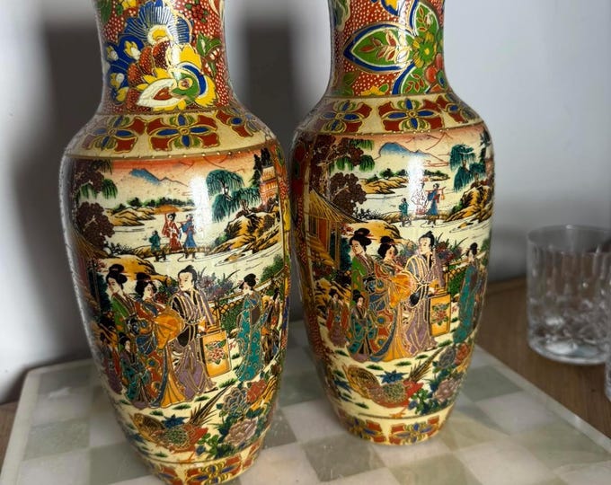 Pair of Vintage Japanese Satsuma Style Vases – Hand Painted Geisha & Landscape