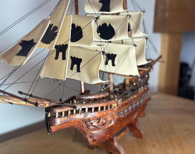 Vintage Wooden Galleon Model Ship Hand Carved Spanish Treasure Ship 70s Nautical