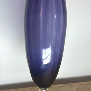 Vintage Hand-Blown Purple Art Glass Vase on Clear Stem | Tall Fluted Glass Vase | Mid Century Modern Decor | Amethyst Glassware