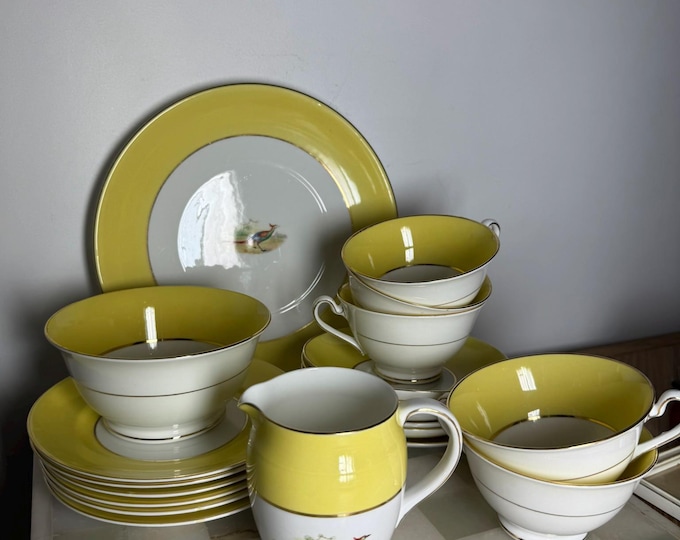 Vintage English Porcelain DinnerTea Set  Yellow Banded Pheasant Motif c1950s