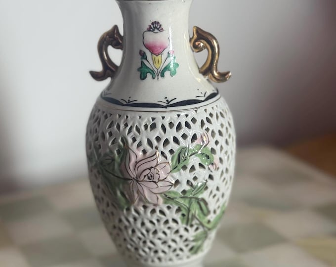Vintage Chinese Reticulated Porcelain Vase: Hand-Painted Floral Gilded Handles