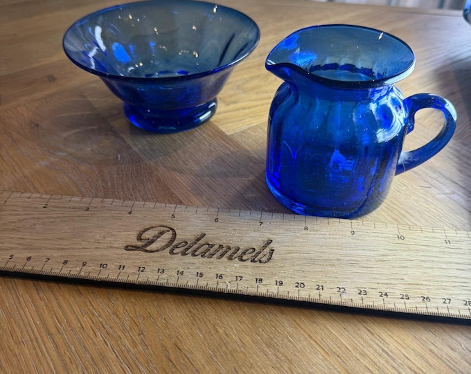 Mexican Hand‑Blown Small Cobalt Blue Glass Jug & Footed Bowl – Pair