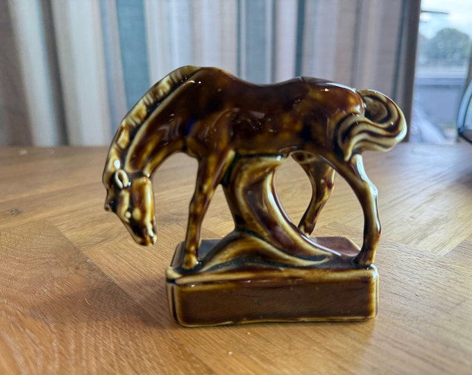 Vintage Ceramic Horse Figurine Brown Glaze 1950s70s  ELEGANT DECORATION