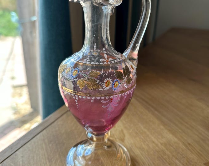 Vintage Hand-Painted Cranberry Glass Ewer – Bohemian or Murano Style – Enamel & Gold Gilded