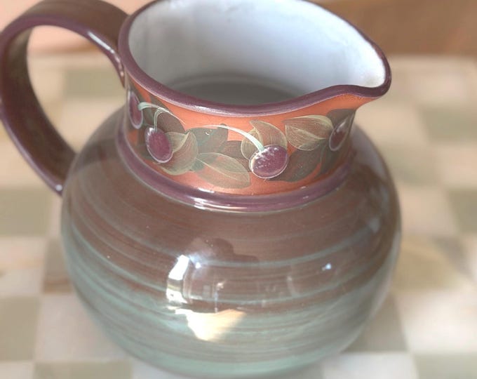 Vintage Jersey Pottery Jug: Handpainted Cherries & Leaves, Mid-Century Kitchen Decor