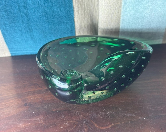 Green Art Glass Dish  Murano-Style Bubble Bowl Mid-Century Design