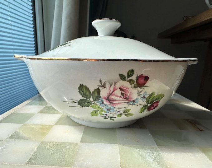 Vintage Alfred Meakin Glo-White Ironstone Serving Bowl with Lid, Floral Pattern, England