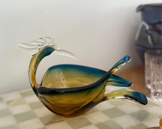 Vintage J.I.Co Venetian Murano Sommerso Style Art Glass Bird Bowl Hand Blown