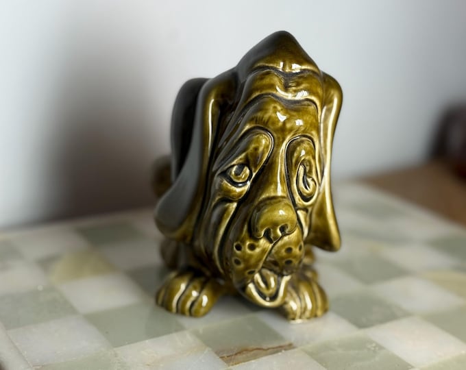 Vintage Ceramic Hound Dog Money Box – Olive Green Glaze, Made in England (5103)