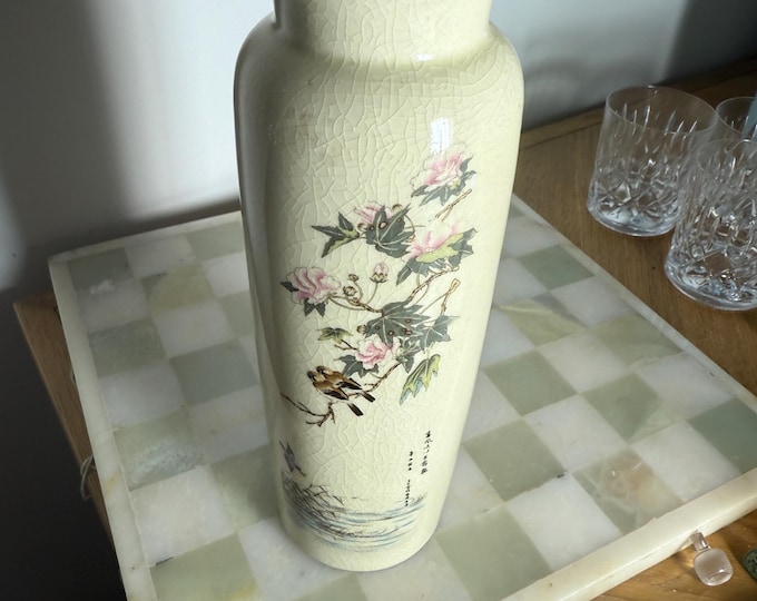 Vintage Chinese Crackle Glaze Vase – Hand-Painted Birds & Blossom, Red Seal Mark, Mid-20th Century Oriental Porcelain