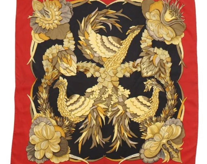 Hermès Paris “Tahiti” Silk Scarf • Vintage Carré 90 • Black, Gold & Red Baroque Floral Design • Collector’s Designer Silk Square