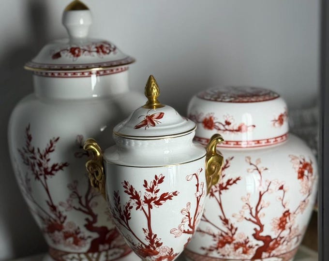 3 Vintage Coalport Indian Tree Coral Vase, Ginger Jar and Urn with Gilt