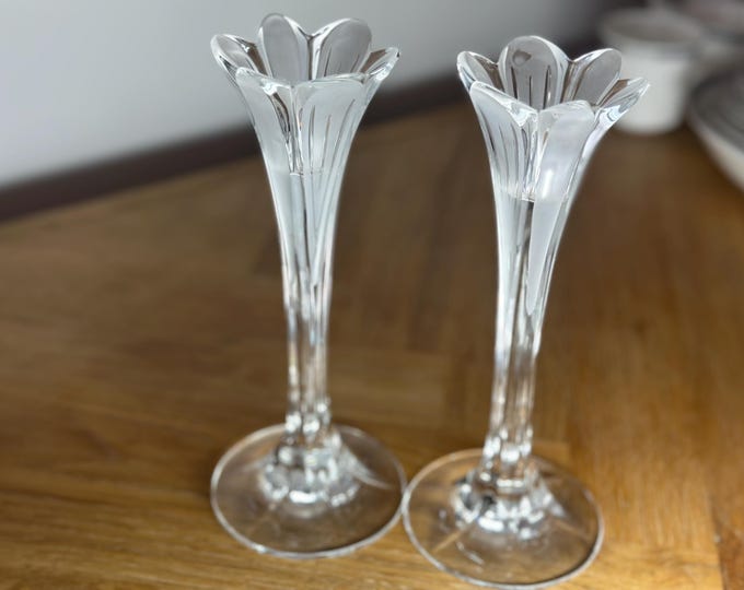 Vintage Crystal Trumpet Bud Vases: Frosted Petal Edge, Mid-Century Modern