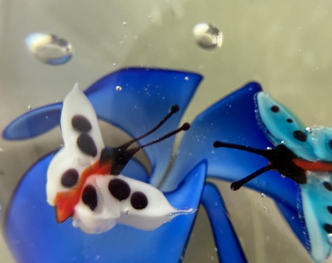 Murano Style Art Glass Paperweight: Lampwork Butterflies & Blue Flower