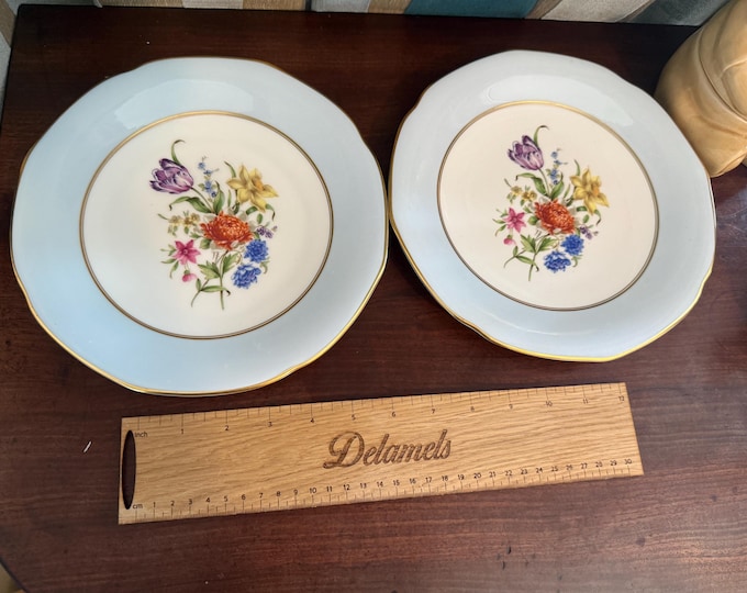 Pair of Royal Worcester Miranda Bone China Dinner Plates – Floral & Gold Rim – Vintage English Porcelain – 1960s