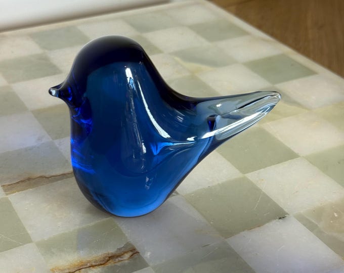 Wedgwood Glass Bird – Hand Blown Cobalt Blue Figurine – Signed Studio Glass – Minimalist English Paperweight