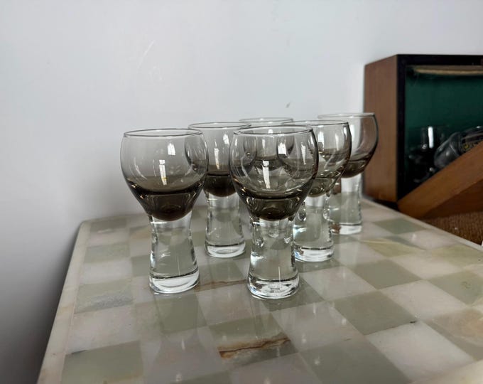 Vintage Smoked Glass Shot Glasses Set of 6  Mid-Century Barware 1970s Retro Style