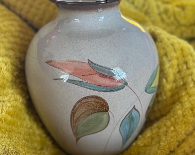 Vintage Denby Langley Vase – Hand Painted Leaf Design – 1970s English Stoneware Pottery