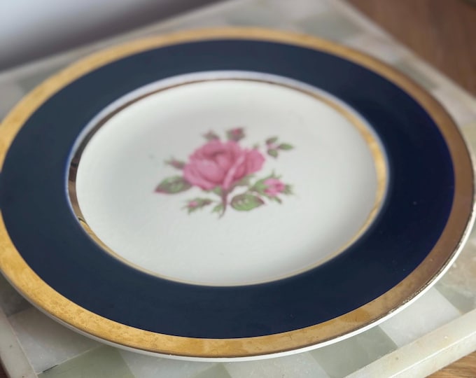 Vintage Crown Ducal Rose Plate: Cobalt Blue & Gold Earthenware, Made in England
