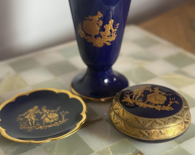 Vintage Limoges Porcelain Set: Cobalt Blue, Rococo Fragonard Style