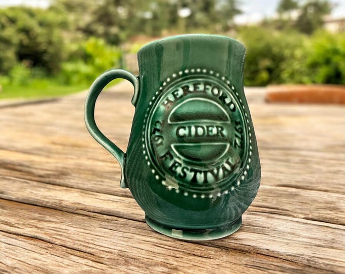 1972 Hereford Cider Festival Mug: Green Glazed Ceramic Tankard, Made in England
